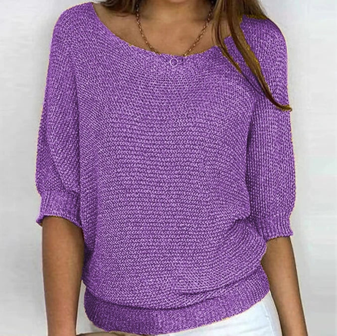 Women's Solid Color Knitted Sweater Pullover | Elegant Winter Round Neck 3/4 Sleeve Top