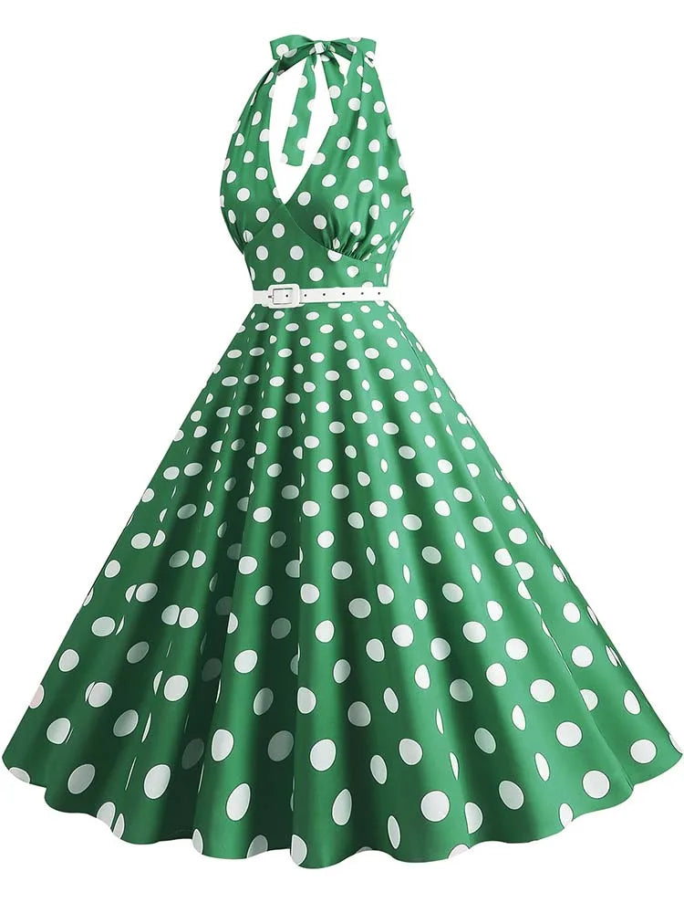 Women’s Vintage Halter Party Dress – Summer Polka Dot Midi Cocktail Prom Elegant Dress