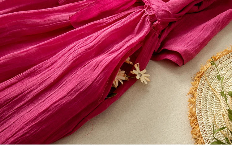 Women’s Summer Lightweight Cotton Dress – Long Sleeve Loose Waist A-Line Retro Dress with Belted Splice