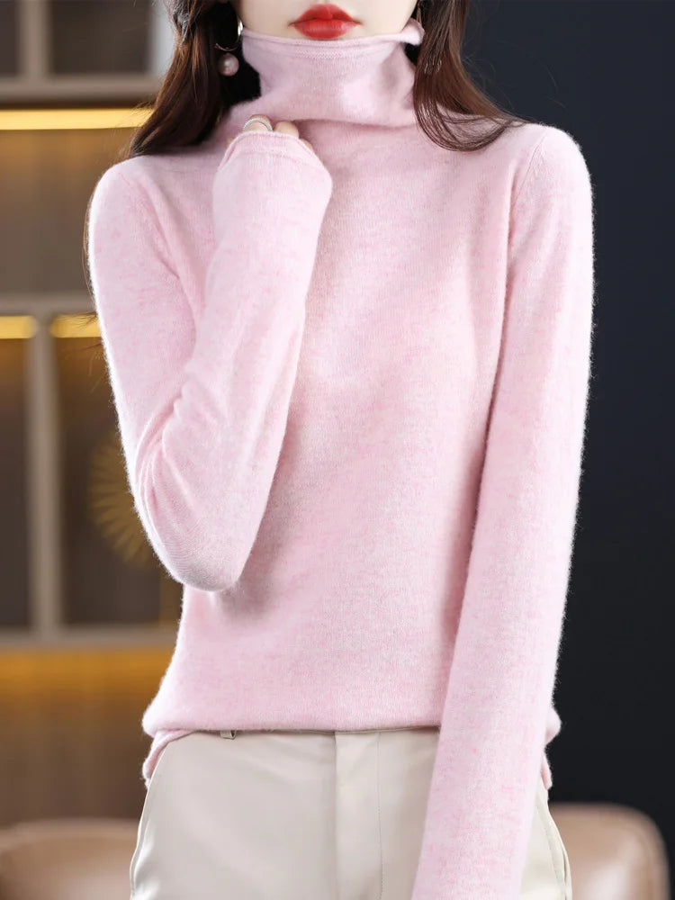 Women’s 100% Merino Wool Sweater – Autumn Winter Pile Collar Pullover Knitwear 🧶🍂
