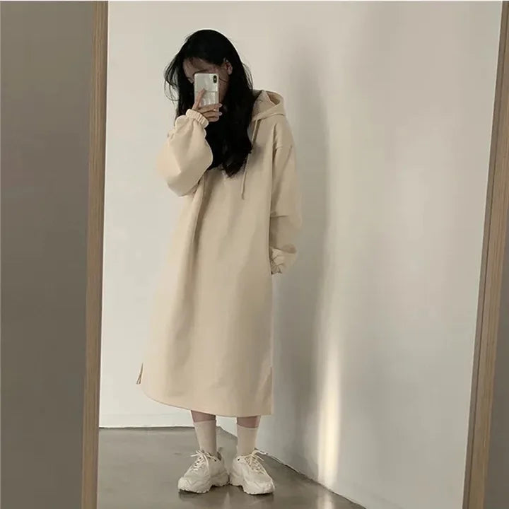 Chic Winter College Long Hoodie Dress ❄️ Lazy Fleece A-Line Side Slit Dress 👗 Pure Color Polyester Fiber 🧵