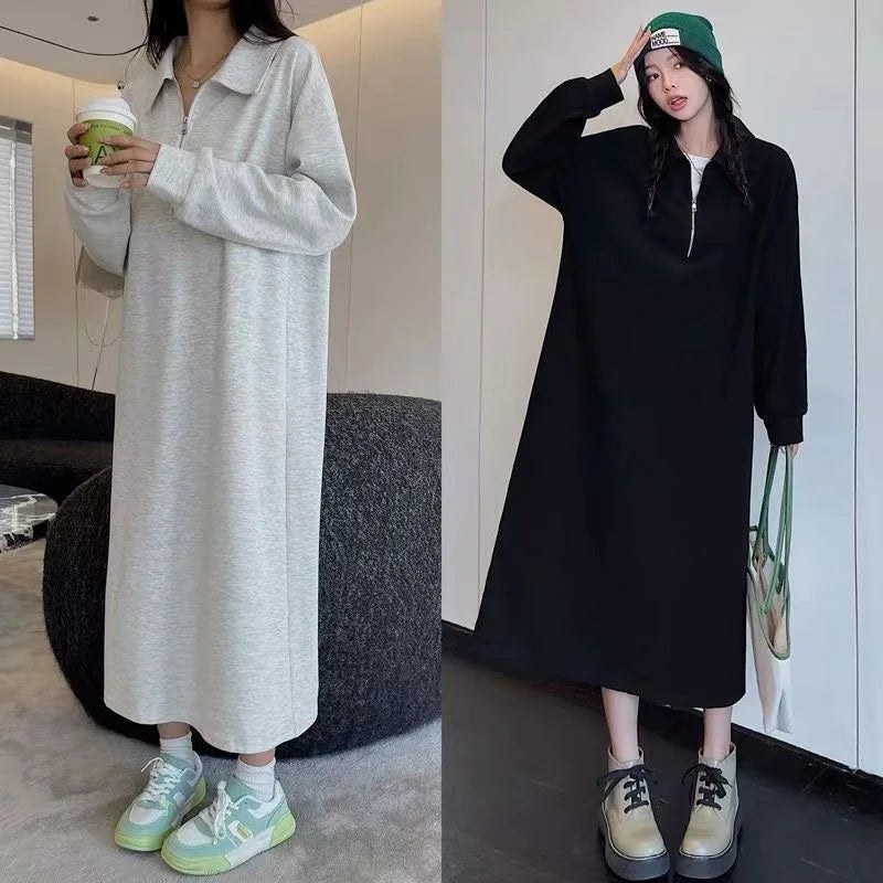 Plus Size Autumn Loose Zip-Up Long Sleeve Sweatshirt Dress – Lazy Fit Over Knee Slimming Dress, Tummy Concealing 300g