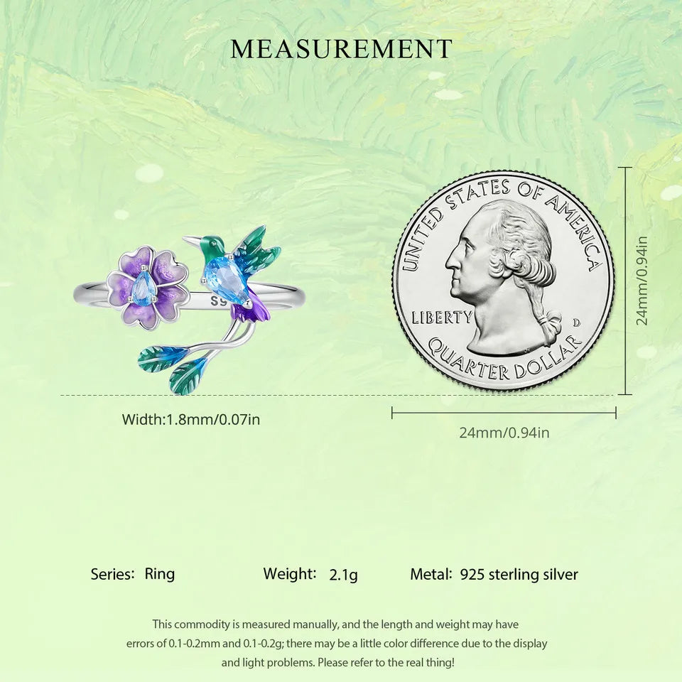 BISAER 925 Sterling Silver Floral Bird Open Ring | Adjustable White Gold Plated Flower Band for Women – Fine Party Jewelry