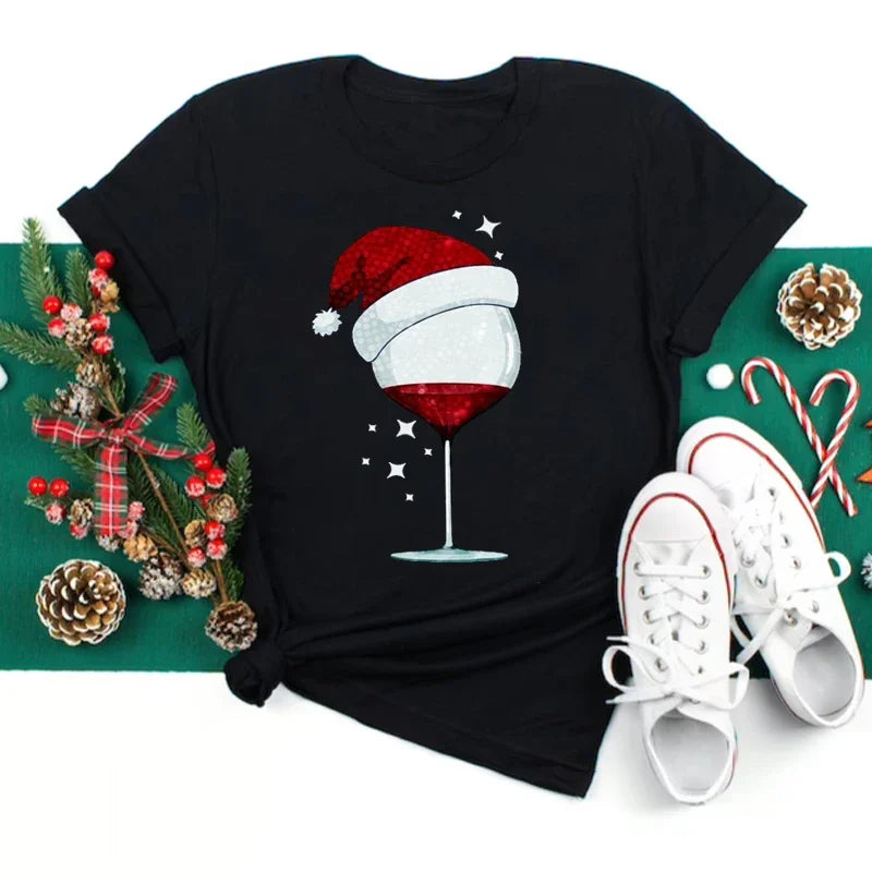 Women’s Christmas Wine Glass T-Shirt | Funny Holiday Black Tee Xmas Gift Top 2025