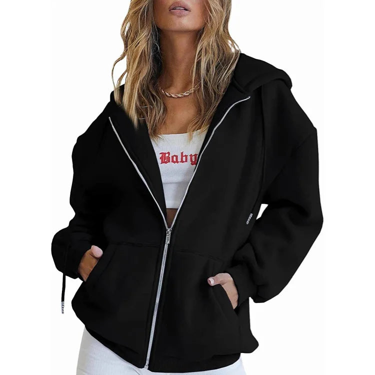 2024 Women’s Solid Hoodie | Elegant Long Sleeve Zipper Drawstring Sweatshirt | Casual Hooded Top with Pockets