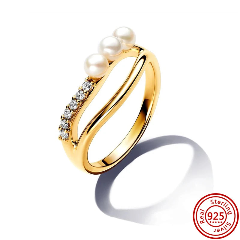 925 Sterling Silver Women's Golden Charm Pearl Ring | Retro Party & Anniversary Jewelry
