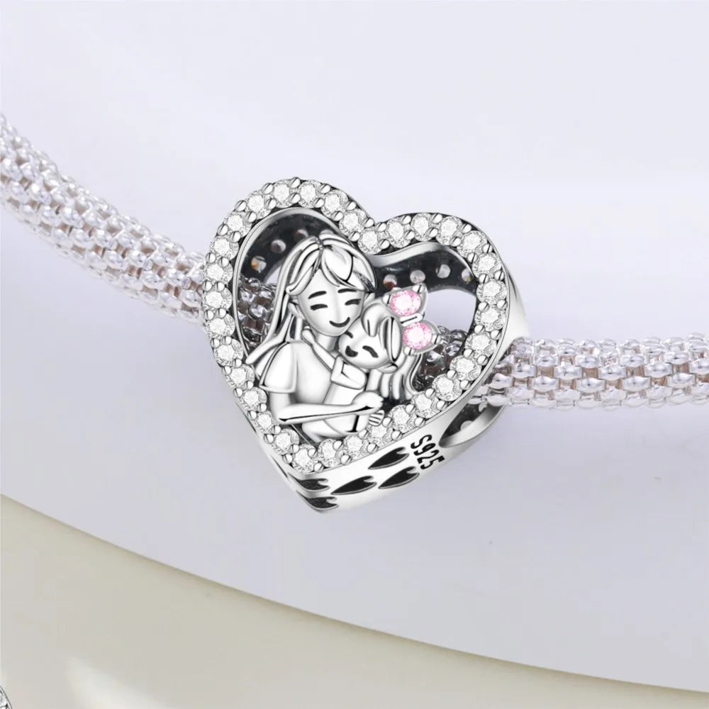 925 Sterling Silver Mother Daughter Love Embrace Pendant Charm | Heart Shaped Bracelet Bead DIY Fine Jewelry Gift