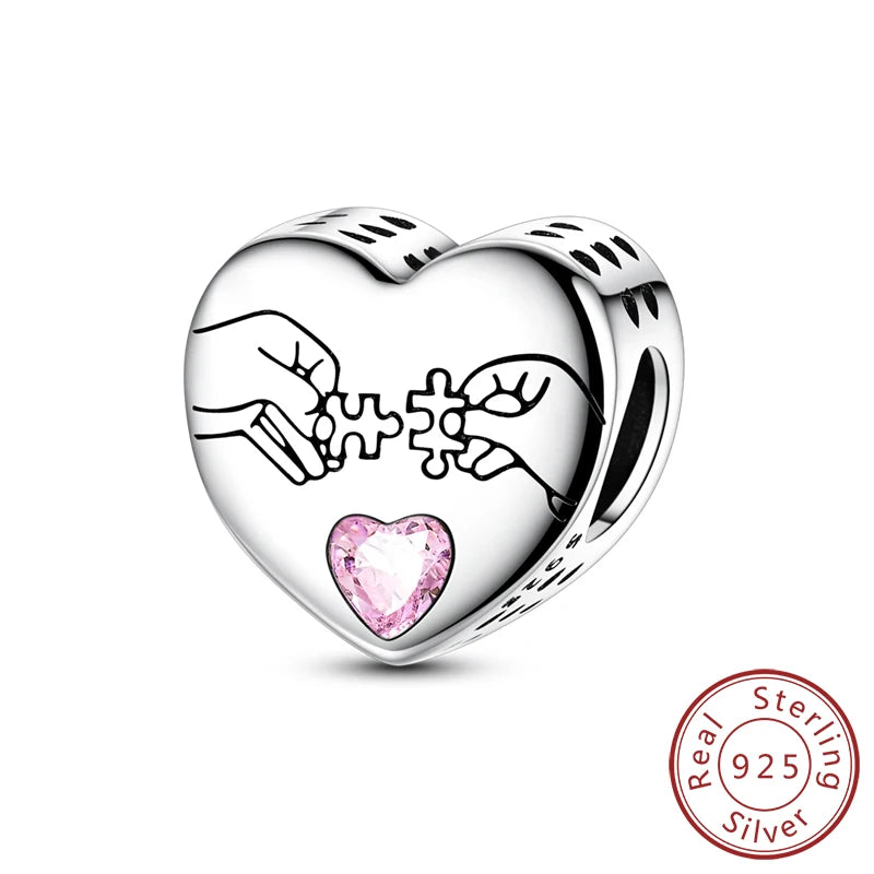 New Love Heart Shaped 925 Sterling Silver Charms – Family & Friendship Charm Beads Fit Original Bracelets for Women