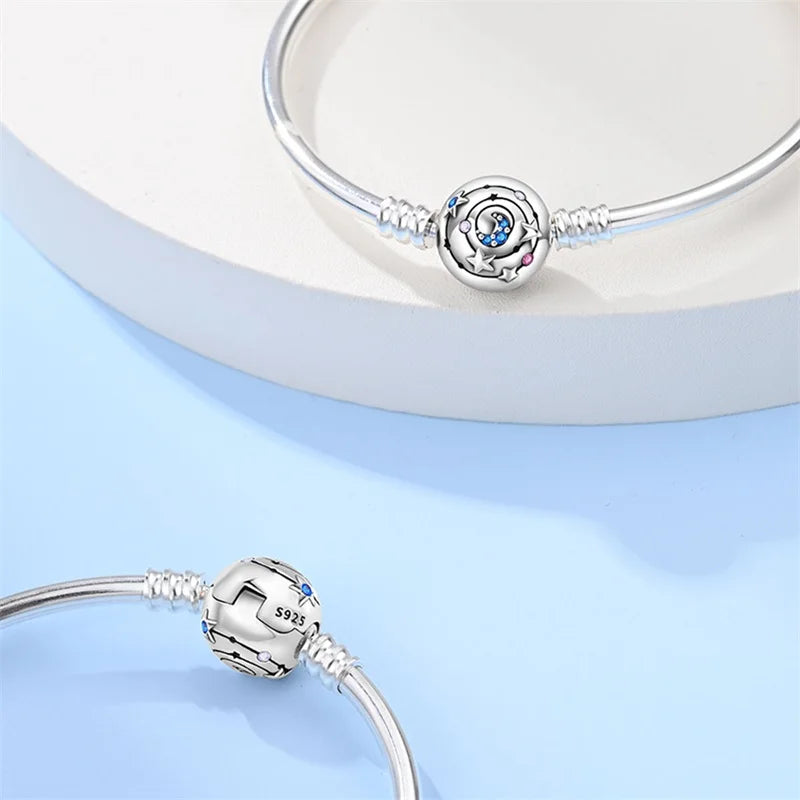 925 Sterling Silver Heart Moon Sun Clasp Charm Bracelet | 17–20CM Original Bracelet for Women | Fits Pandora DIY Beads Jewelry