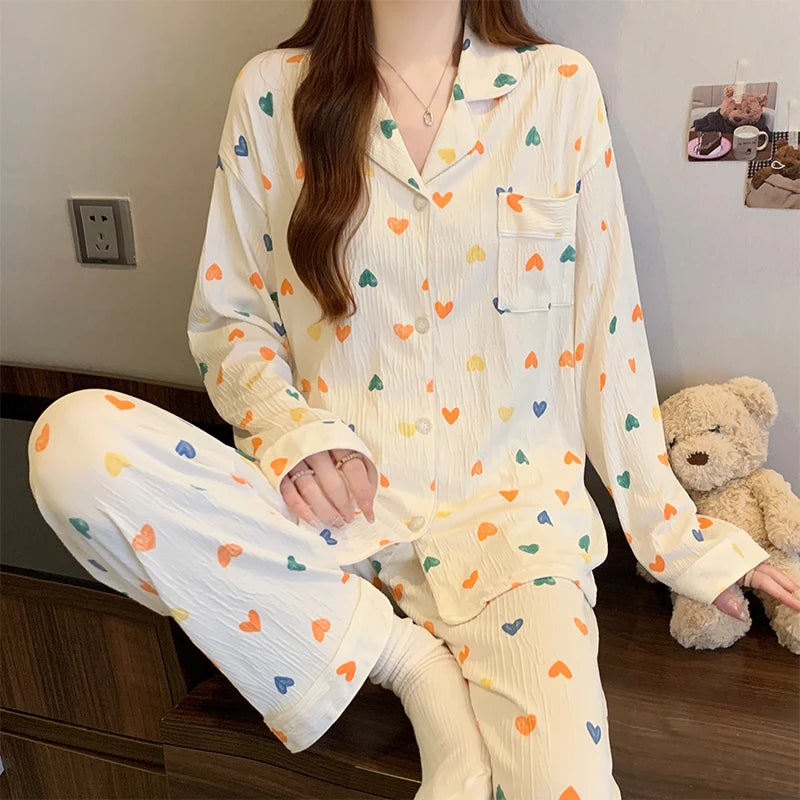 🌸 Pink Bow Pajamas Set for Women 💖 Long Sleeve Top & Elastic Waist Pants 🛌 Harajuku Style Casual Home Wear