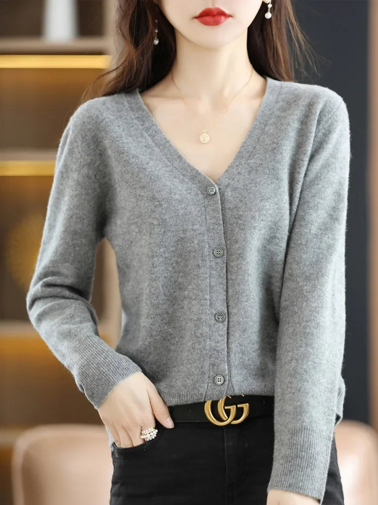 Women Cardigans V-Neck Long Sleeve Knitted Outerwear – Korean Fashion Solid Thin Spring Autumn Sweater