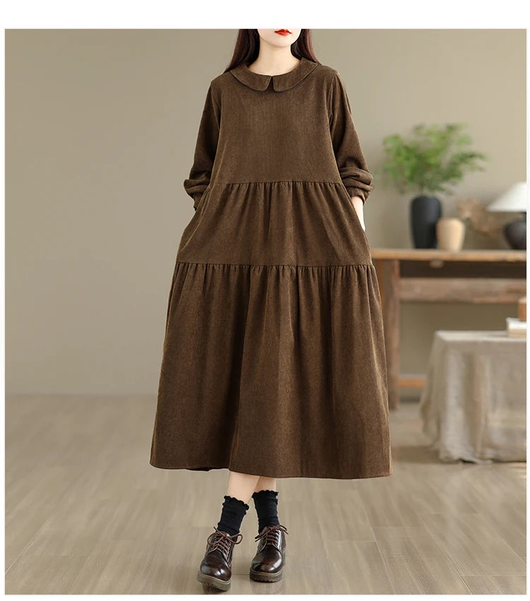 Corduroy Long Sleeve Doll Collar Dress 👗 Autumn Winter Loose A-Line Casual Midi Dress 🍂 Simple Chic Commute Dress