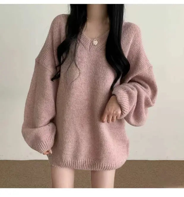 Soft Cozy Knitwear Women’s Loose Sleeve Sweater – Autumn Winter New Fashion V-Neck Long Sleeve Korean Commute Outerwear