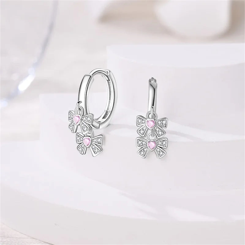 925 Sterling Silver Sweet Bow Heart Zircon Hoop Earrings | Women’s Shining Proluxy Fine Jewelry Gift for Engagement & Birthday