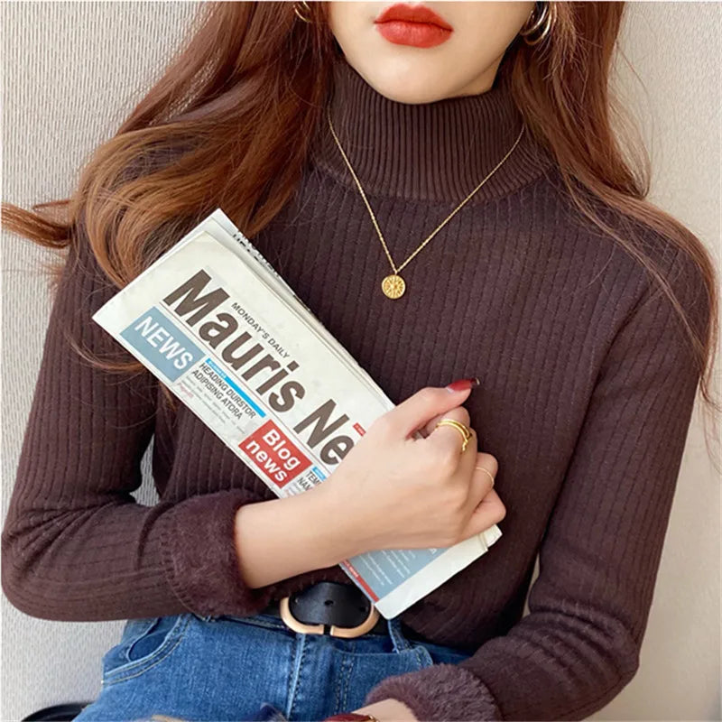 Women’s Turtleneck Sweater Winter 2025 – Retro Velvet-Lined Thick Thermal Knitted Bottoming Shirt | Warm Inner Wear Pullover