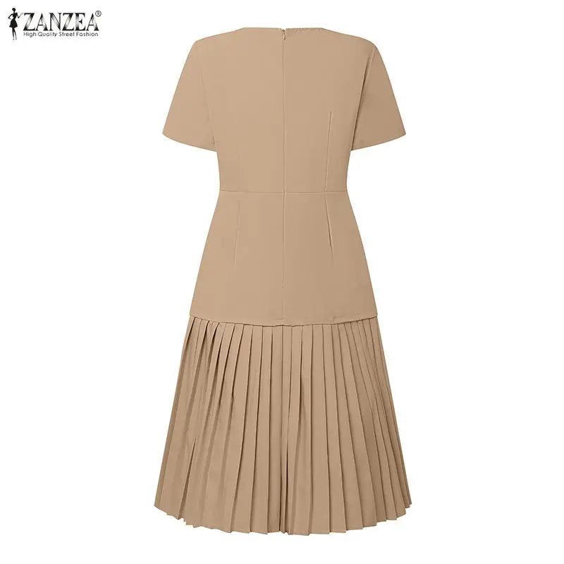 Women Pleated Dress 👗 Elegant O-Neck Short Sleeve Fitted Waist A-Line Knee-Length Dress 🌸 ZANZEA Fashion