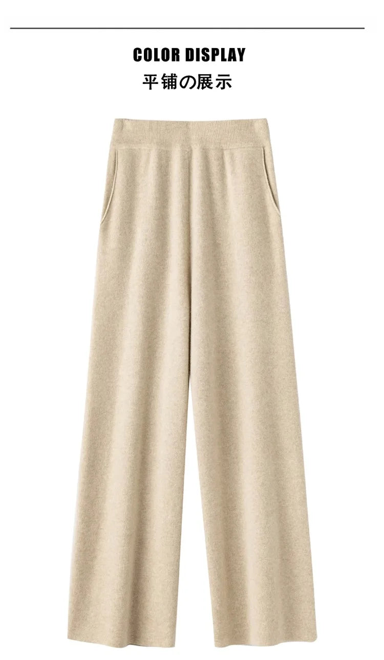 Elegant Women’s High Waist Wide-Leg Pants – Baggy Straight Knitted Trousers with Pockets