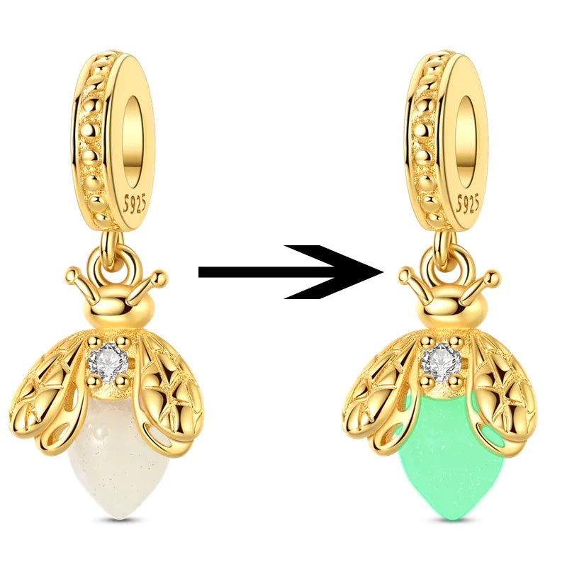 925 Sterling Silver Luminous Golden Firefly Charms | Sparkling Bee & Cat Dangle Beads Fit Original Bracelet DIY Jewelry Gift