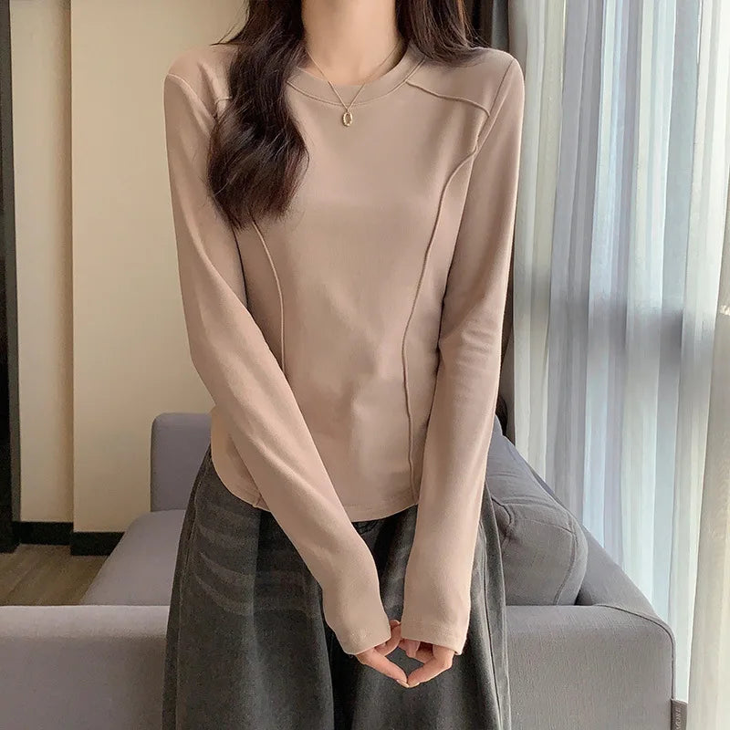 Women's Long Sleeve Velvet Base Shirt 👚 Slim Fit Round Neck T-Shirt ✨ Pure Color Winter Fashionable Top ❄️