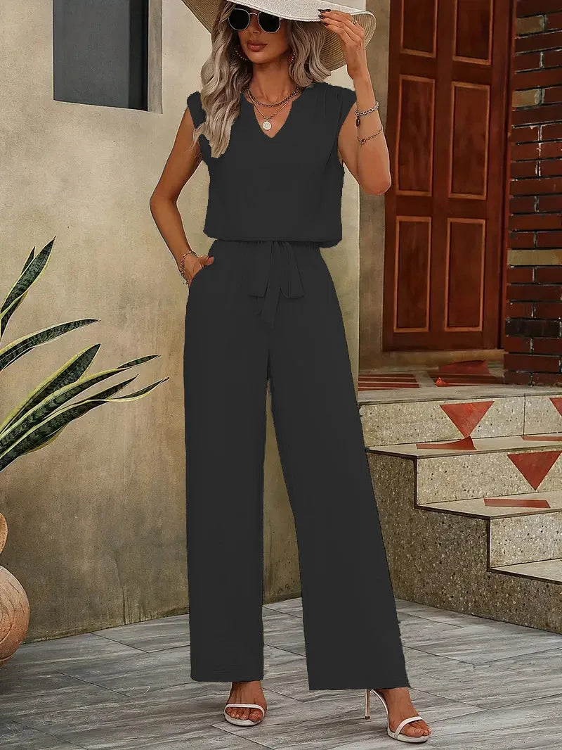 2025 Summer Women’s Casual Set – Sleeveless V-Neck Loose Top + Tie-Waist Wide-Leg Pants ☀️👚👖