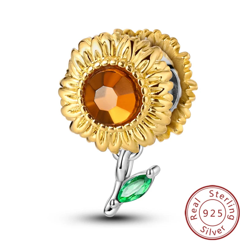 New 925 Sterling Silver Sunflower Heart Charm Bead | Original Bracelet DIY Jewelry Gift for Women