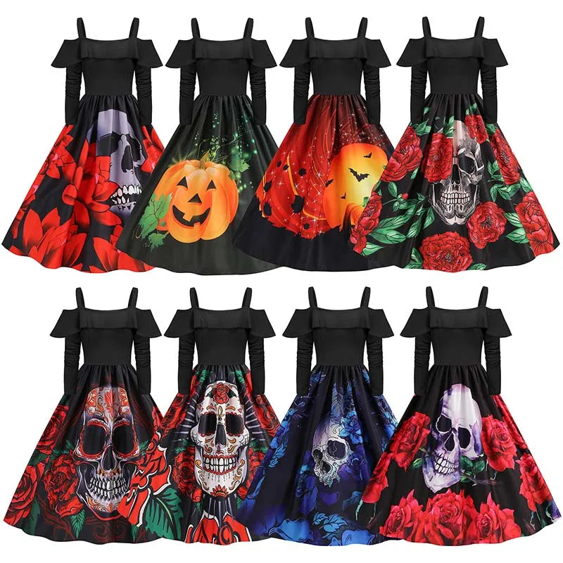 Elegant Spaghetti Strap Halloween Party Dress – Vintage Long Sleeve Ruffle Evening Prom Costume for Women | Autumn Winter