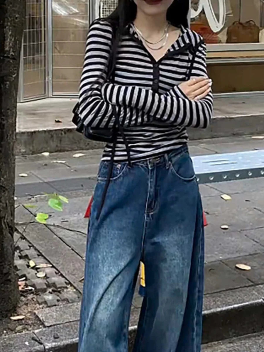 Women’s Slim Fit Long Sleeve Striped T-Shirt with Hat | 2025 Korean Style Knit Top | Early Autumn Fashion