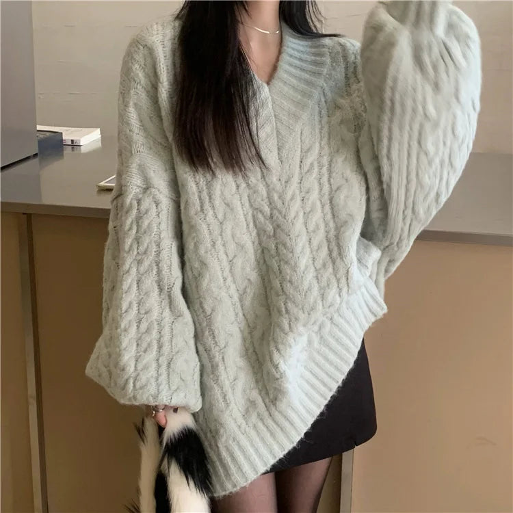 Women's V-Ne Thiened Twisted Sweater Loose Autumn Winter Outerwear Lazy Sle Design Soft Knitted irt Long Sve Top