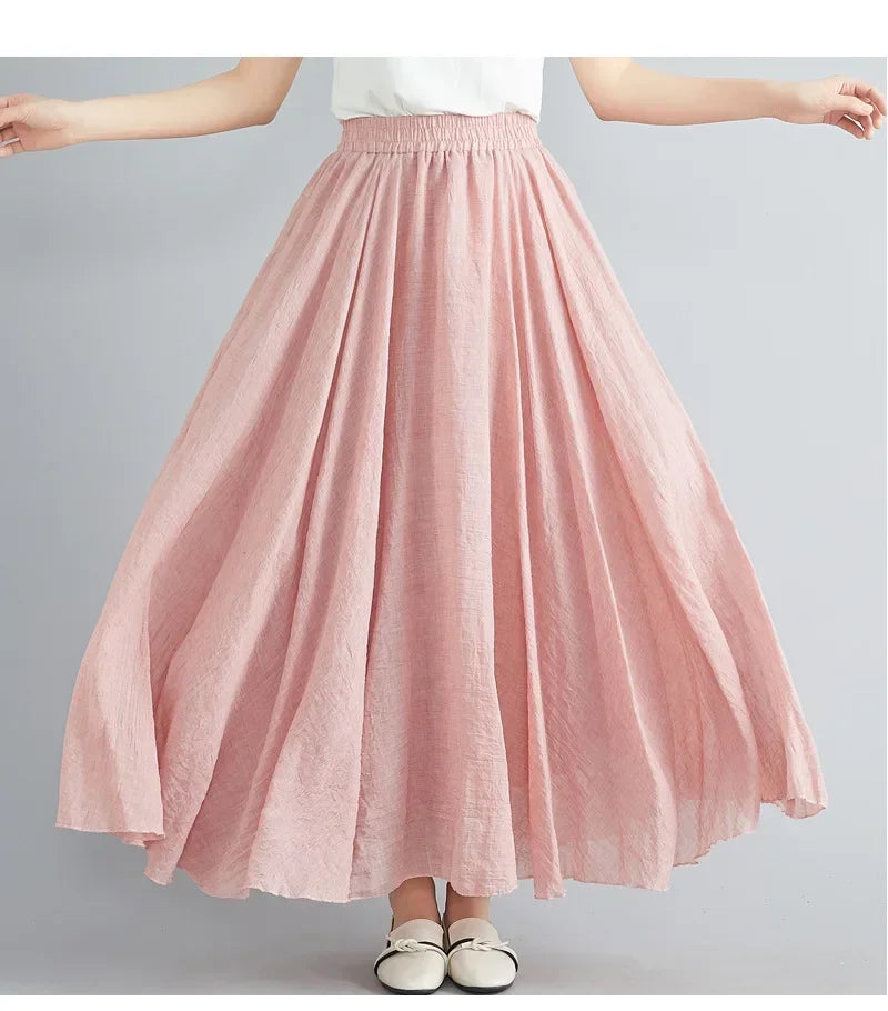 Fashion Solid Cotton Linen Women Maxi Skirt – Elegant Harajuku Casual Loose Long Skirt 👗✨