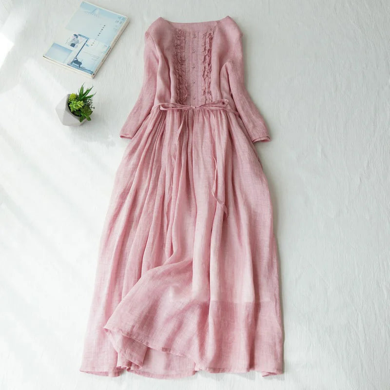 Japanese Style Women’s Long Sleeve Cotton Linen Dress | Wooden Ear Design Loose A-Line Skirt with Waist Belt