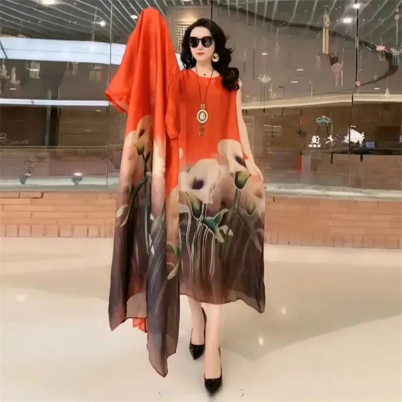 Middle-Aged Women’s Summer Dress Suit – Casual Two-Piece Printed Long Dress Set | Elegant Temperament Outfit