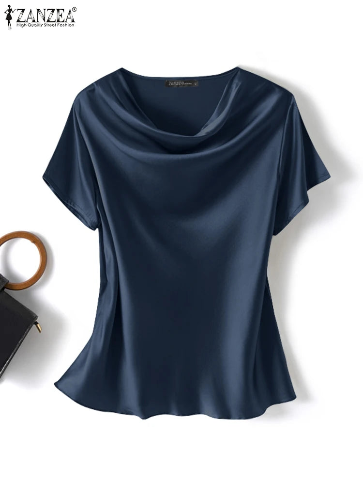 Women’s Summer ZANZEA Satin Blouse 2024 – Short Sleeve O-Neck Oversized Tunic 👚☀️