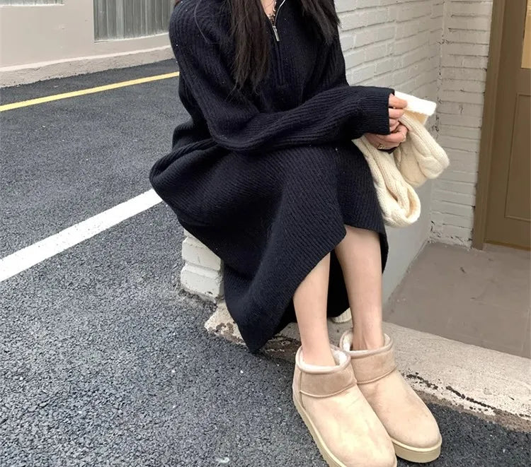 Autumn Winter Knitted Zipper Collar Dress for Women – Long Sleeve Loose Fit Pure Color H-Shape Casual Warm Dress