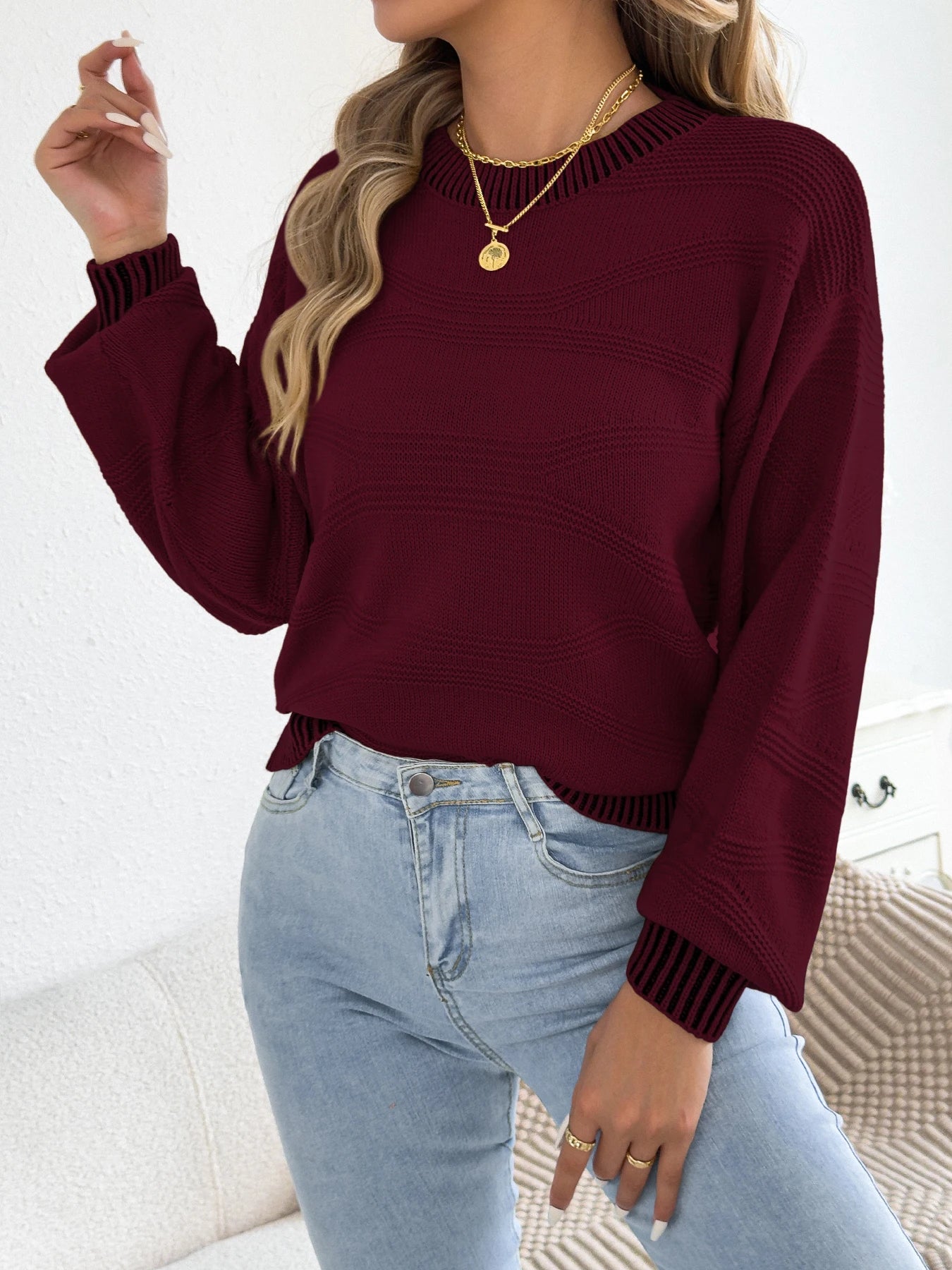 2025 Women’s Autumn Winter Round Neck Striped Sweater – Lantern Sleeve Knitted Pullover