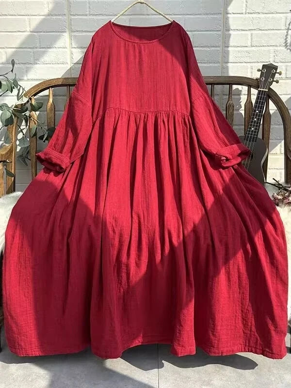 Artistic Vintage Plus Size Women's Long Dress – High Waist Loose A-Line Doll Dress, Ethnic Style Commuter Mid-Length Skirt