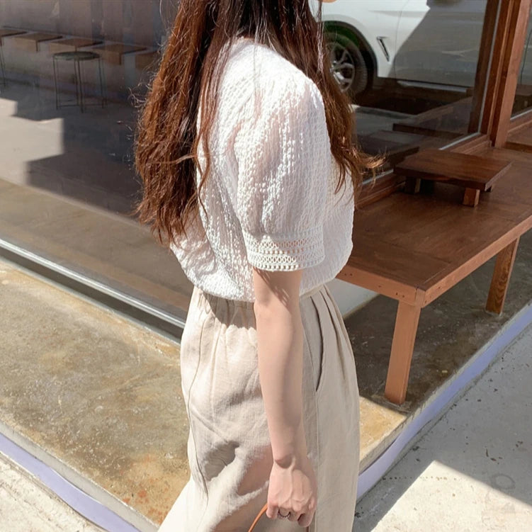 Elegant White Lace Hollow Out Blouse | Fairy-Style Bubble Sleeve Summer Top for Women