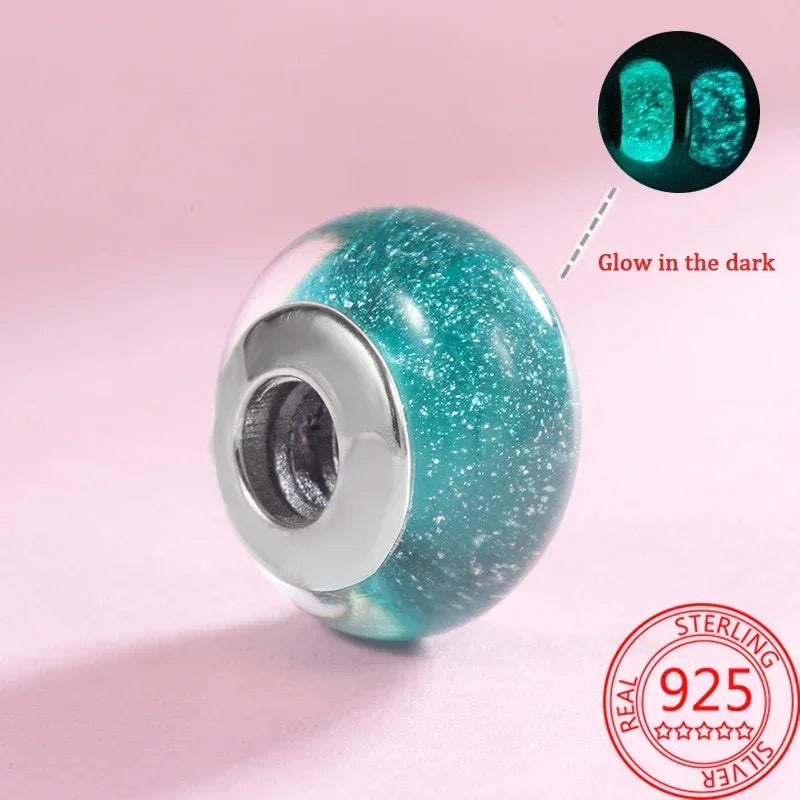 925 Sterling Silver Murano Glass Galaxy & Clover Heart Beads | Fit Pandora Bracelet DIY Jewelry Gift for Mum