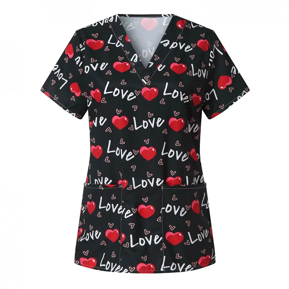 Women’s Heart Print Medical Top ❤️ V-Neck Short Sleeve Nursing Uniform ✨