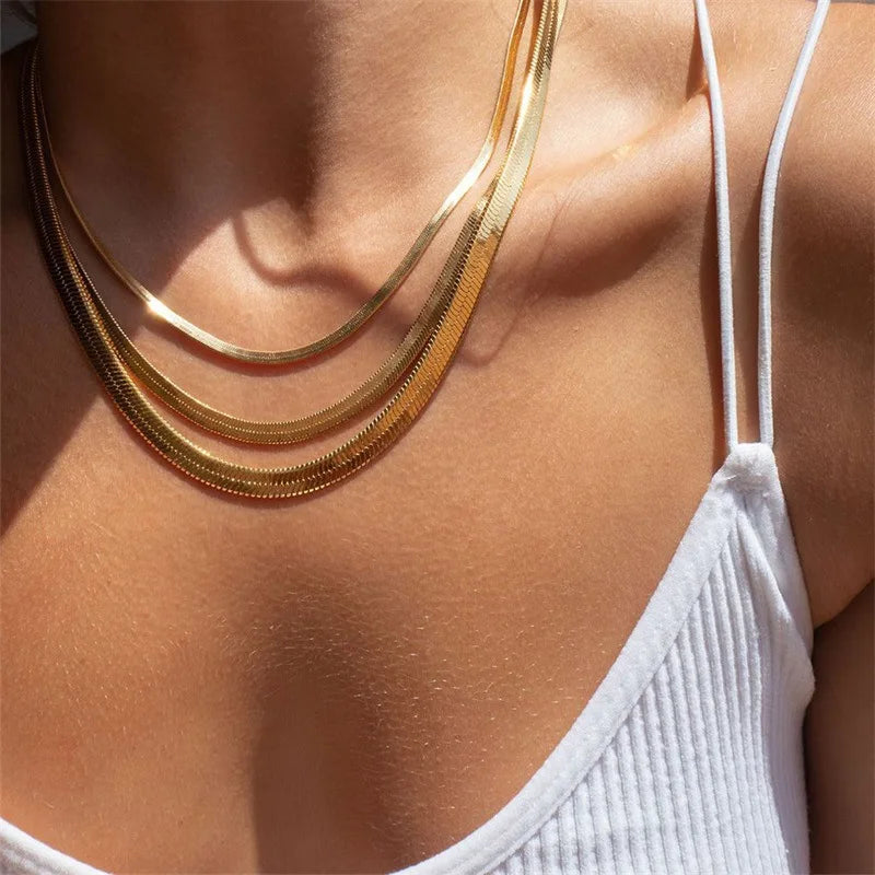 Gold Snake Blade Chain Necklace for Women – 3/4/5mm Stainless Steel Minimalist Punk Choker