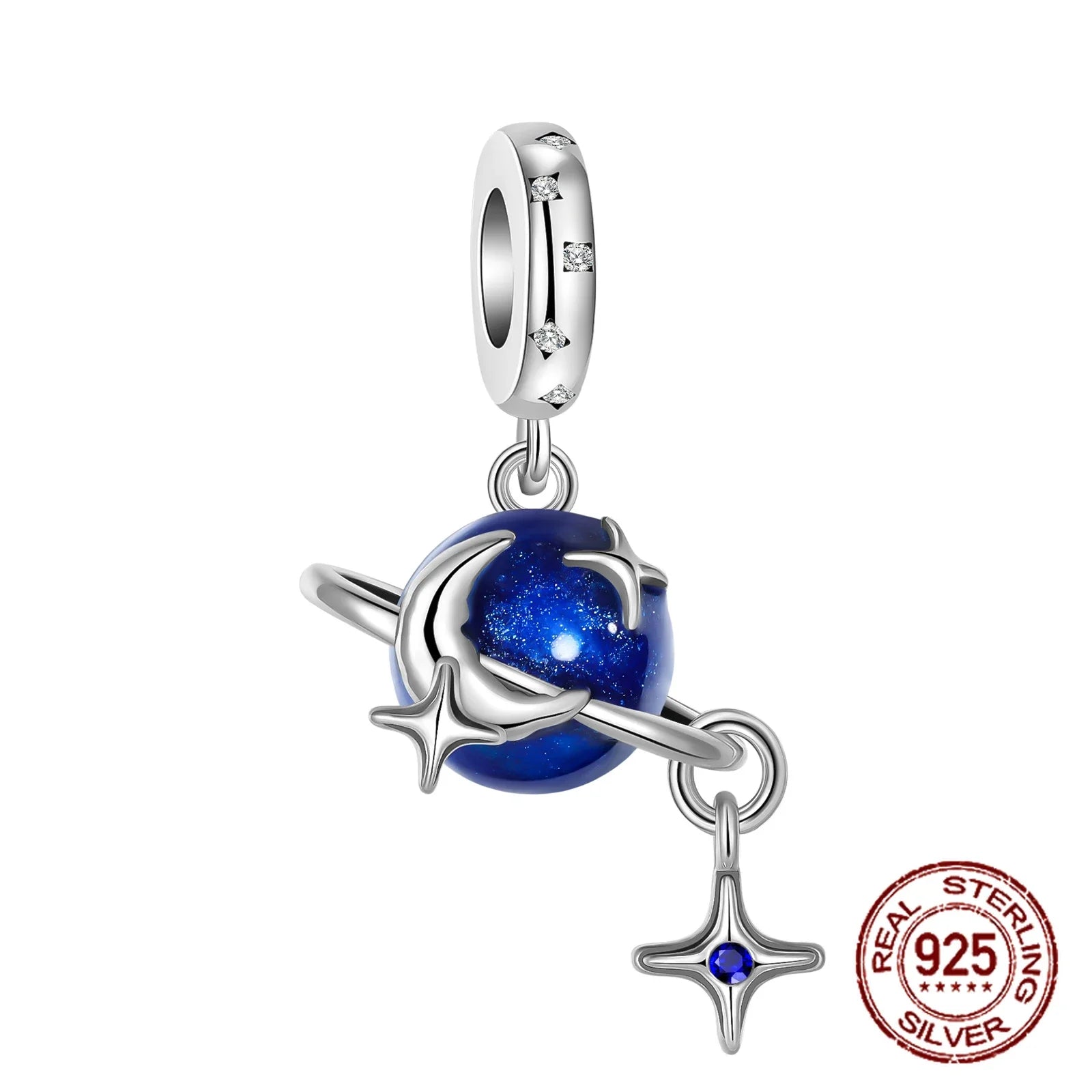 925 Sterling Silver Blue Moon Plane Space Series Glass Beads Clip Charm for Bracelet