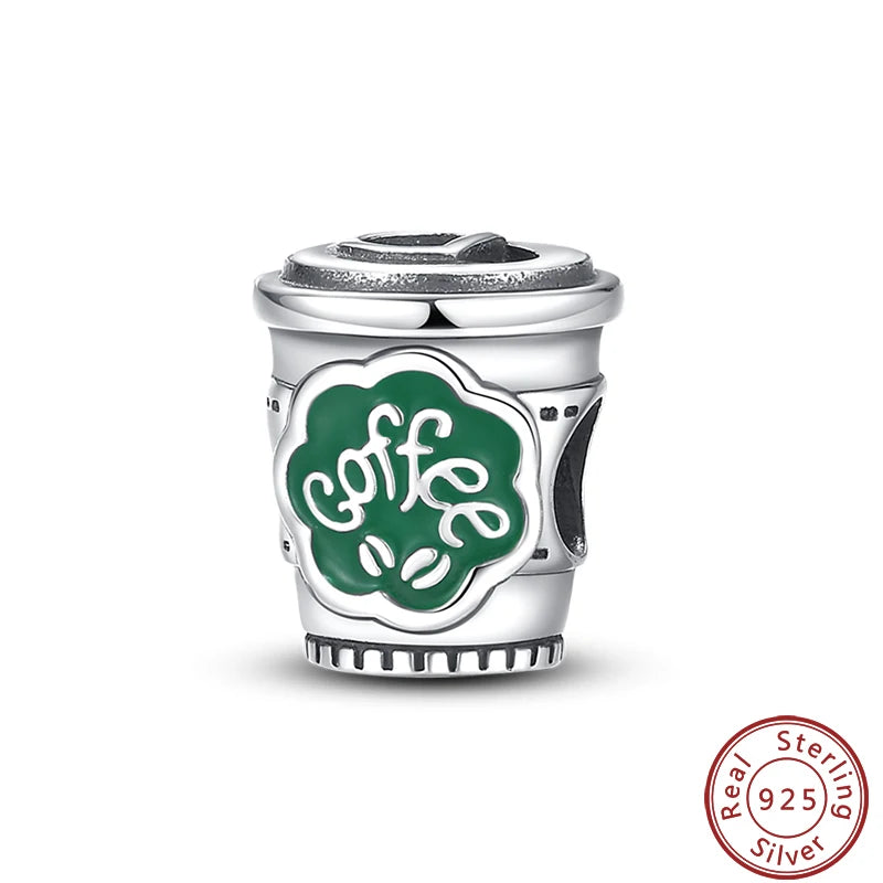 925 Sterling Silver Dessert Afternoon Tea Charm – Coffee, Cake, Pizza & Fries Beads Fit Original Pandora Bracelet DIY Jewelry