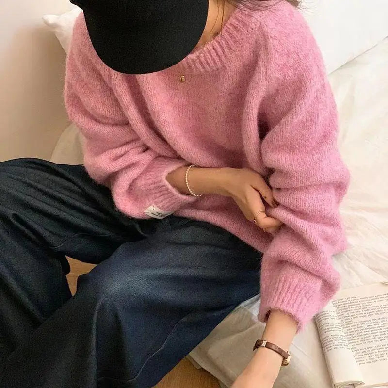 Loose Women’s Blue Sweater | Korean Casual Knitwear | Spring Autumn Round Neck Pullover