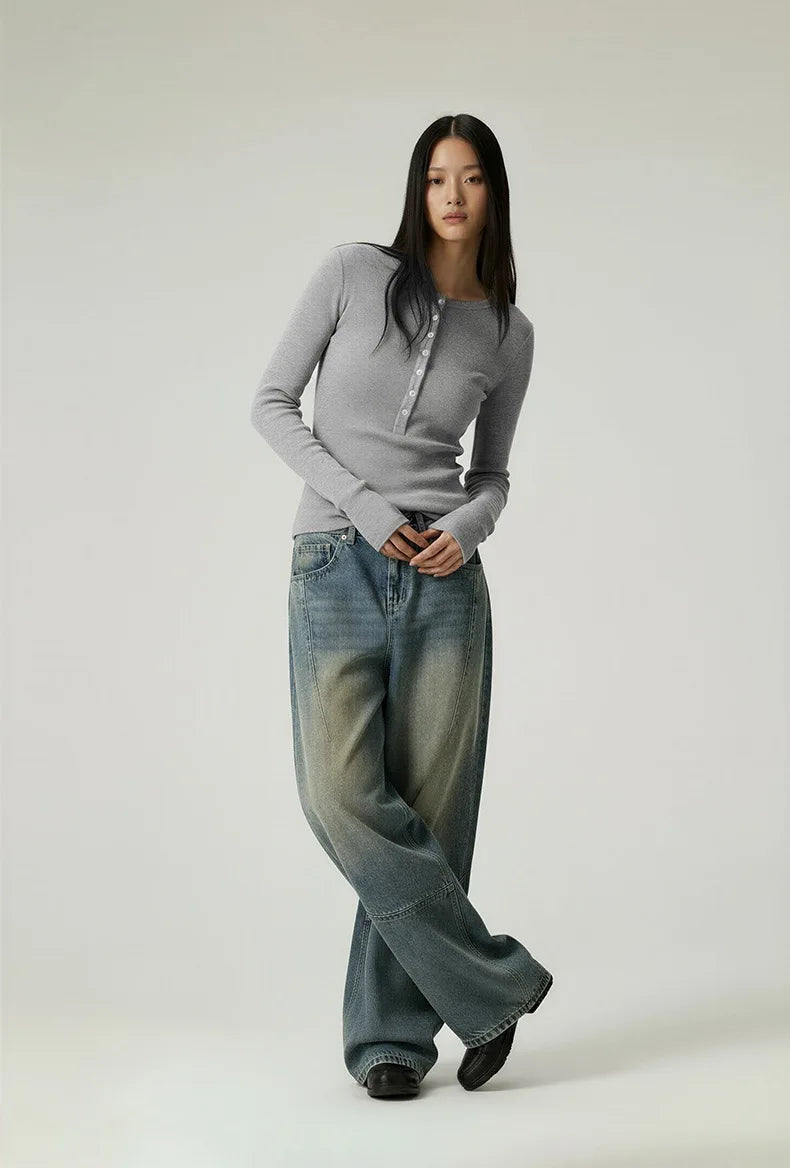 Women’s Casual Henley Neck Long Sleeve T-Shirt – Minimalist Solid Skinny Lenzing Lyocell Top