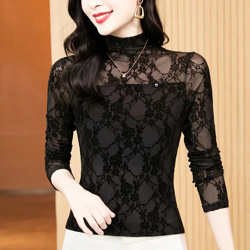 2026 Spring High Collar Women’s Mesh T-Shirt – Korean Flocking Flower Sexy Long Sleeve Top 🌸✨