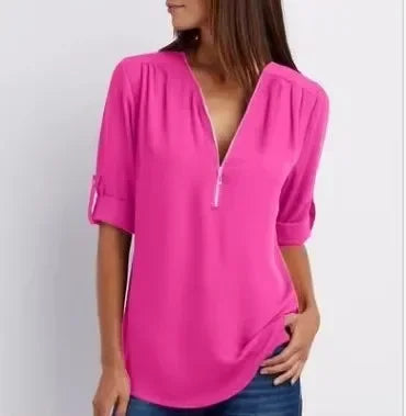 2025 Women’s Chiffon Blouse | Sexy Deep V-Neck Zipper Pullover Loose Fashion Top Plus Size