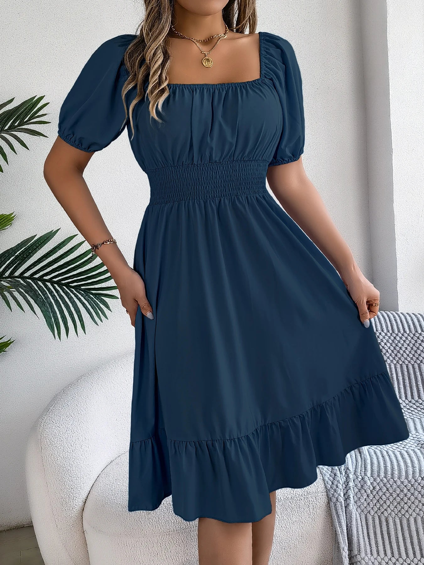 2026 Women’s Elegant High-Waisted Dress – Square Neck, Short Sleeve, Ruffled Edge Long Dress | Spring Summer Valentine’s Day