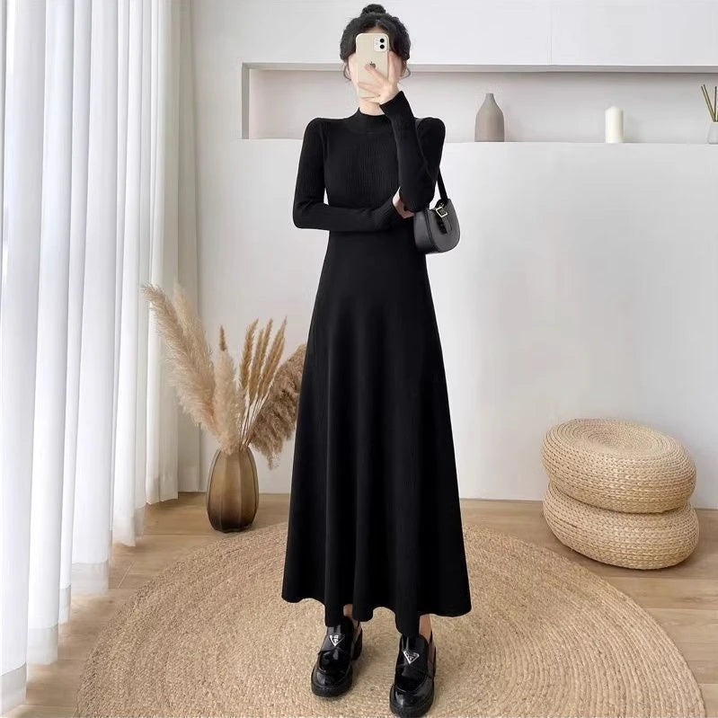 Women’s Knitted A-Line Dress – Slimming Waist Design Autumn Winter Sweater Long Dress | High-End Inner Wear