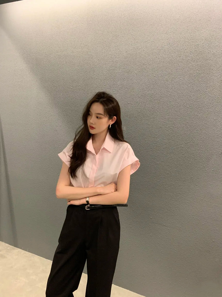 Chic Summer Loose Women’s Shirt | Classic Pure Color Professional Blouse with Small Lapel Collar