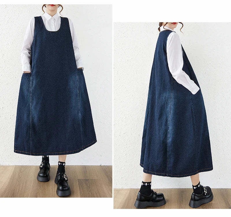 Loose Korean Style Plus Size Denim Vest Skirt – High Waist Over-Knee Slimming Cotton Jeans Corset Casual Dress for Women
