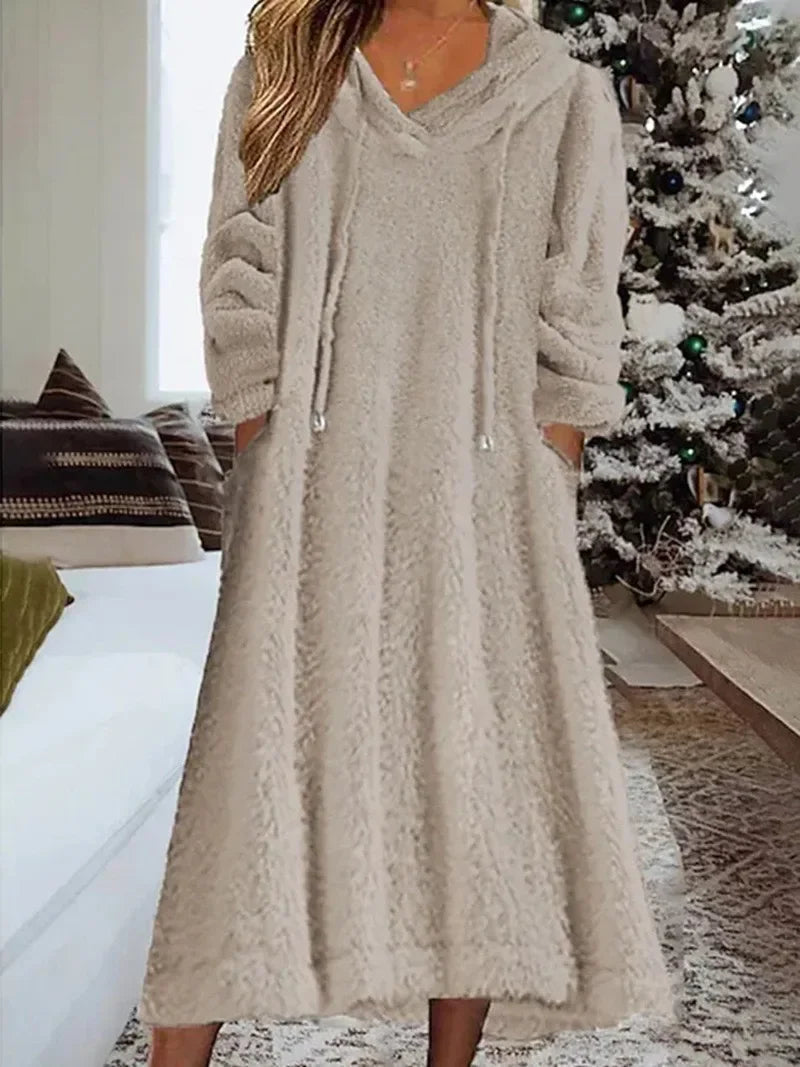 Autumn Winter Plush Hooded Maxi Dress for Women – Warm Casual Home Wear Loose Long Sleeve Comfort Dress | Robe Femme